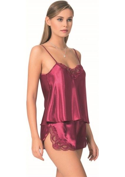 Bordo Saten Babydoll Şort Takımı