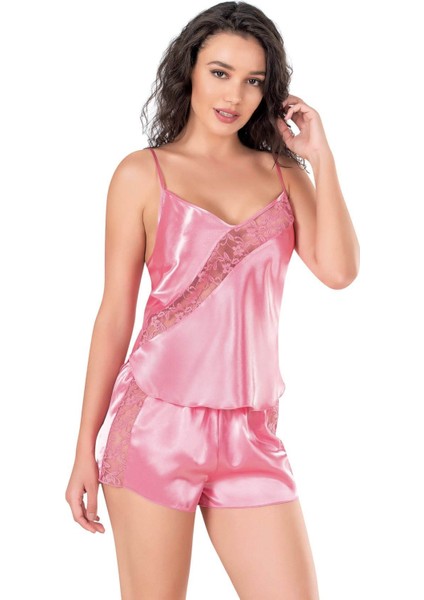 Koyu Pembe Saten Babydoll Şort Takımı