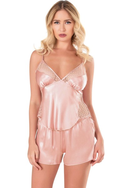 Koyu Pudra Saten Babydoll Şort Takımı