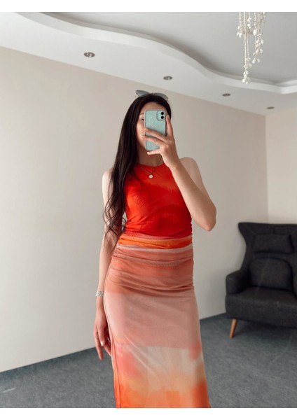 Bel Büzgülü Astarlı Renk Geçişli Midi Boy Tül Elbise S