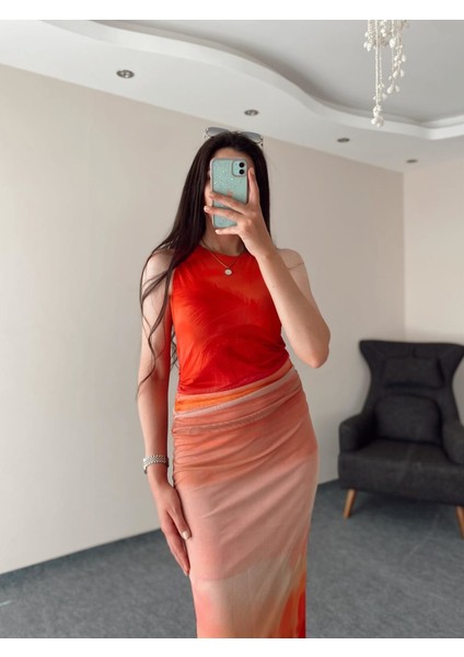Bel Büzgülü Astarlı Renk Geçişli Midi Boy Tül Elbise S