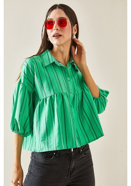 Yeşil Çizgili Balon Kol Crop Gömlek 5YXK2-48403-08 modelleri