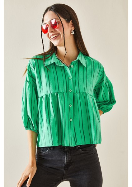 Yeşil Çizgili Balon Kol Crop Gömlek 5YXK2-48403-08 fırsatları