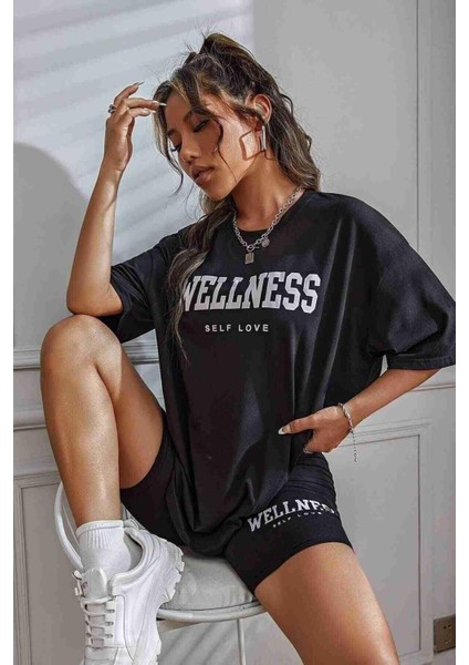 Wellness Baskılı Soft Kısa Kollu Şortlu Alt Üst Takımı Siyah