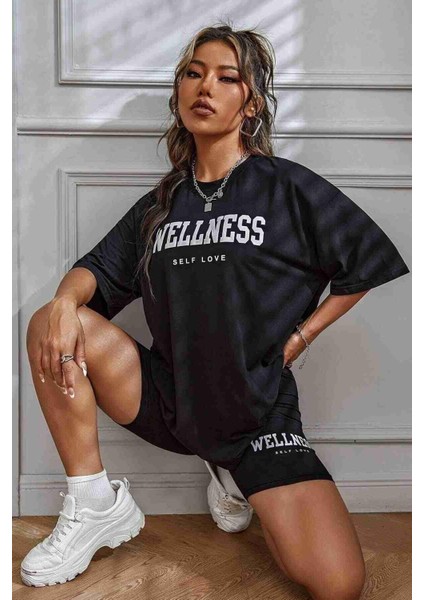 Wellness Baskılı Soft Kısa Kollu Şortlu Alt Üst Takımı Siyah fırsatları