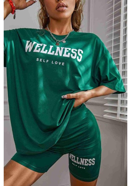 Wellness Baskılı Soft Kısa Kollu Şortlu Alt Üst Takımı Yeşil