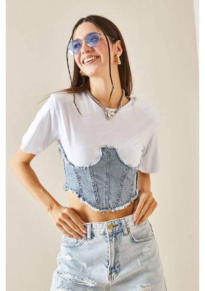 Beyaz Denim Detaylı Vatkalı Crop T-Shirt 5YXK1-48435-01