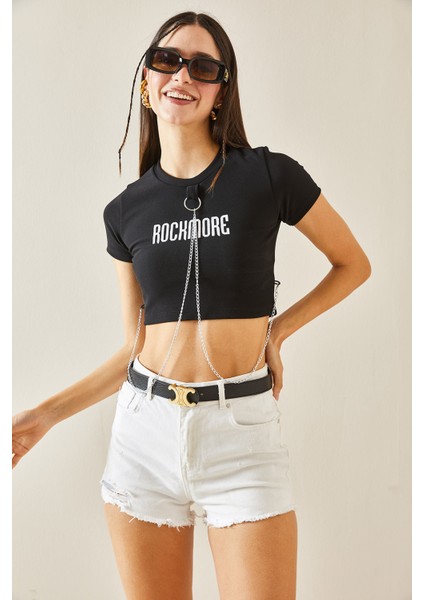 Siyah Bisiklet Yaka Zincir Detaylı Crop T-Shirt 5YXK1-48412-02 indirimleri
