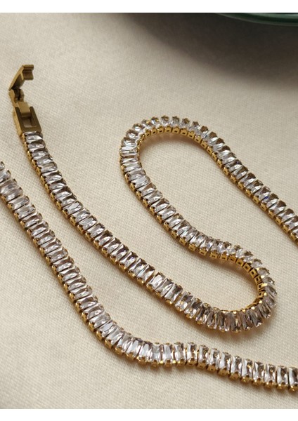 Su Yolu Çelik Kolye Zirkon Taşlı Gold