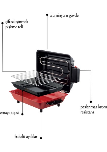 Büyük Elektrikli Izgara I 35x25 cm I Mangal Barbekü Balık Kebap I Emaye Gövde ve Tepsi I 1100W