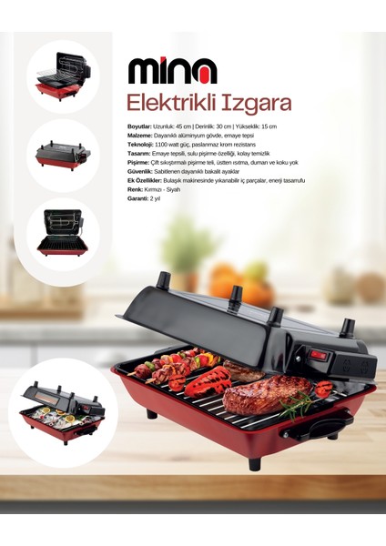 Büyük Elektrikli Izgara I 35x25 cm I Mangal Barbekü Balık Kebap I Emaye Gövde ve Tepsi I 1100W