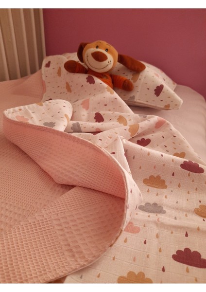 Waffle Pike ve Bulut Desenli Müslin Bebek Battaniyesi Yastık Kılıfı