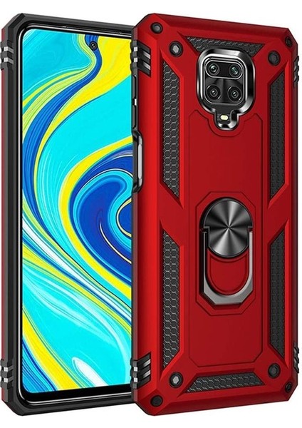 Xiaomi Redmi Note 9 Pro Kılıf Tank Koruma Vega Standlı Yüzüklü Mıknatıslı Kırmızı