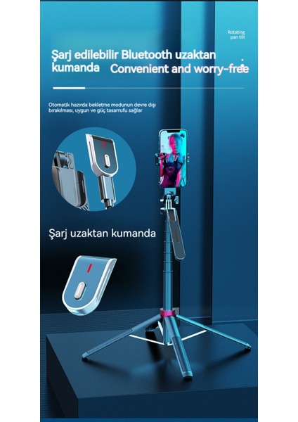 Selfie Çubuğu, Bluetooth Uzaktan Kumandalı El Kameralı Telefon Tutucusu, Sabitleyici Tripod (Yurt Dışından)