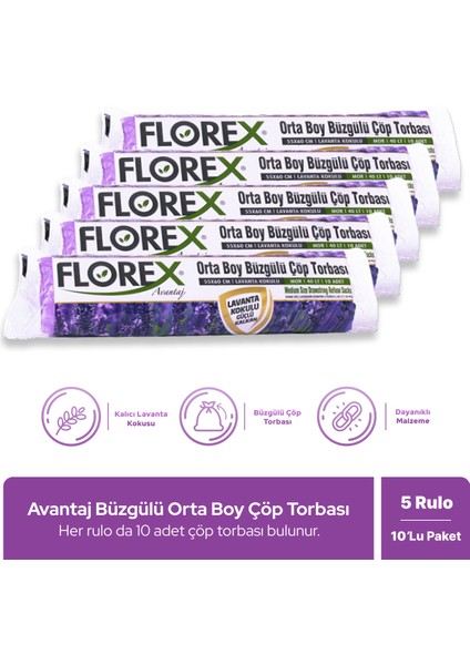 Avantaj Seri Lavanta Kokulu Büzgülü Orta Boy Çöp Poşeti x 5 Rulo