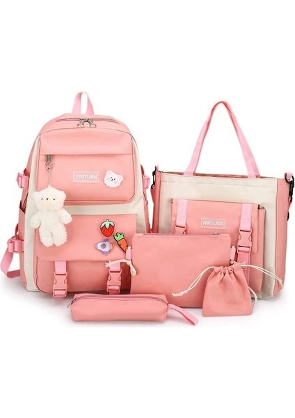 Yucama 5 Parça Sırt Çantası Kadın Sırt Çantası Laptop Çantası Su Geçirmez Seyahat Öğrenci Okul Çantası Seyahat Sırt Çantası Büyük Kapasiteli Aksesuarlarla - Pink (Yurt Dışından)