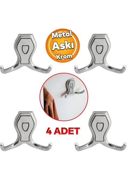 Galata Askı Vestiyer Mobilya Duvar Askısı Metal Dolap Elbise Askılığı Krom Renk Krom Kapaklı 4 Adet