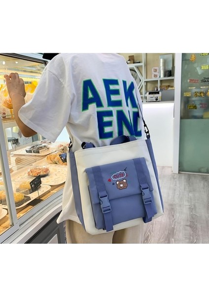 Yucama Yucama Okul Çantası 5 Adet Ortaokul Lise Öğrencisi Sırt Çantası Set Estetik Okul Çantaları Rozet ve Kolye Ile Sevimli Kitap Çantası, Omuz Çantası, Kalem Kutusu, Bez Çanta - Blue (Yurt Dışından)