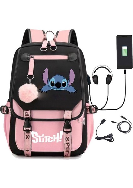 Yucama Yeni Lilo Stitch Stitch Stitch USB Şarj Edilebilir Okul Çantası Erkek ve Kadın Öğrenci Sırt Çantası Sırt Çantası - Açık Mor (Yurt Dışından)