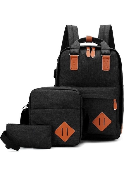 Yucama Büyük Kapasiteli USB Şarjlı Okul Çantası Messenger Çanta Üç Parçalı Sırt Çantası Kombinasyonu - Beyaz - Siyah (Yurt Dışından)