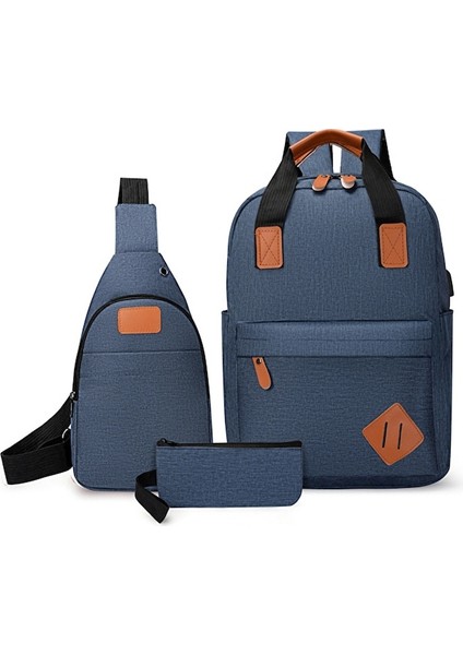 Yucama Büyük Kapasiteli USB Şarjlı Okul Çantası Messenger Çanta Üç Parçalı Sırt Çantası Kombinasyonu - Açık Mavi (Yurt Dışından)