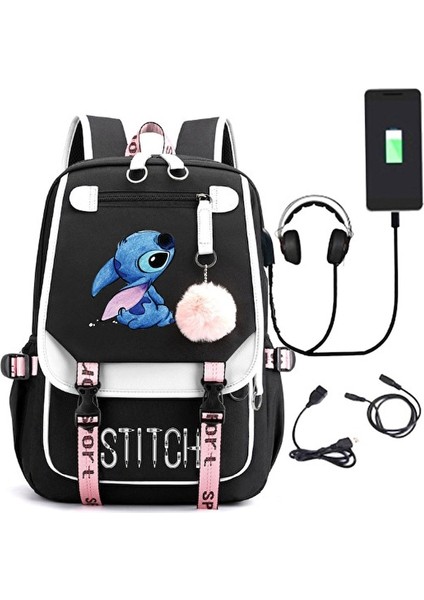 Yucama Yeni Lilo Stitch Stitch Stitch USB Şarj Edilebilir Okul Çantası - Beyaz - Siyah (Yurt Dışından)