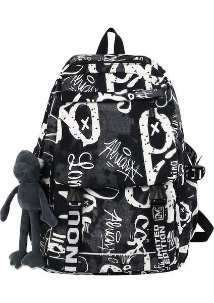 Kurbağa Oyuncaklı Büyük Kapasiteli Doodle Baskılı Okul Çantası (Yurt Dışından)