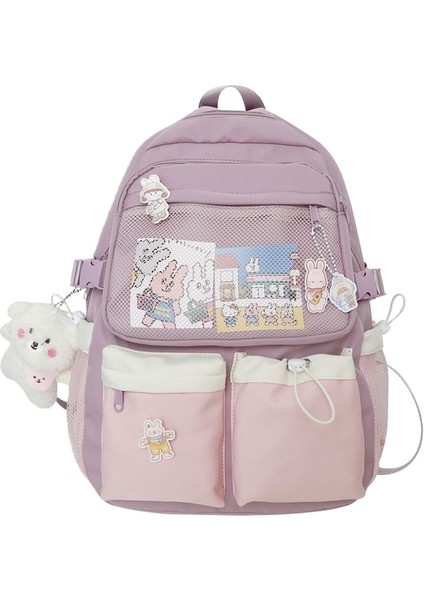 Taze ve Tatlı Sırt Çantası Üniversite Tarzı Çok Cepli Öğrenci Okul Çantası Büyük Kapasiteli Sevimli Sırt Çantası - Mor (Yurt Dışından)