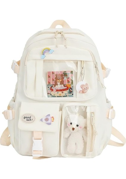 Heamor Qoco Kawaii Raptiye ve Aksesuarlı Sırt Çantası, Kawaii Sırt Çantası, Harajuku Kawaii Bag Estetik Okul Sırt Çantası, Sevimli Öğrenci Kitap Çantası, Genç Kızlar Için - 01-Bej (Yurt Dışından)