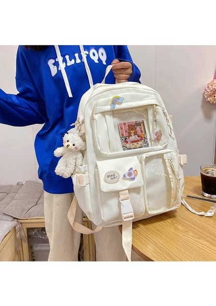 Heamor Qoco Kawaii Raptiye ve Aksesuarlı Sırt Çantası, Kawaii Sırt Çantası, Harajuku Kawaii Bag Estetik Okul Sırt Çantası, Sevimli Öğrenci Kitap Çantası, Genç Kızlar Için - 01-Bej (Yurt Dışından)