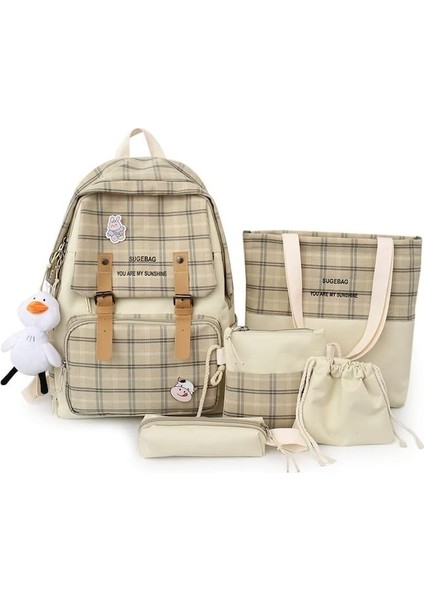 Yucama Sırt Çantası 5 Parça Ekose Tarzı Büyük Kapasiteli Çapraz Çantalar Omuz Çantaları Kalem Kılıfları Kozmetik Çantaları - Khaki (Yurt Dışından)