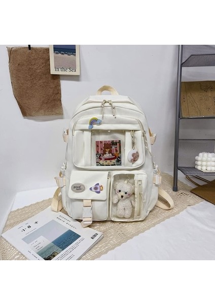 Heamor Qoco Kawaii Raptiye ve Aksesuarlı Sırt Çantası, Kawaii Sırt Çantası, Harajuku Kawaii Bag Estetik Okul Sırt Çantası, Sevimli Öğrenci Kitap Çantası, Genç Kızlar Için - 01-Bej (Yurt Dışından)