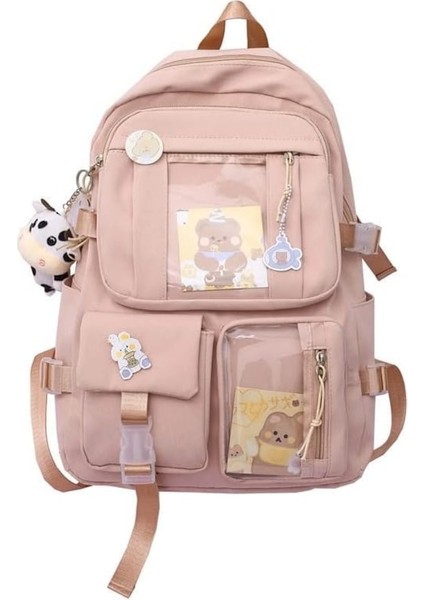 Yucama Sırt Çantası Kadın Sırt Çantası Laptop Çantası Su Geçirmez Seyahat Öğrenci Okul Çantası Seyahat Sırt Çantası Omuz Çantası Büyük Kapasiteli Inek Rozeti Kolye Ile - Pink (Yurt Dışından)