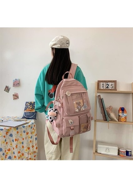 Yucama Sırt Çantası Kadın Sırt Çantası Laptop Çantası Su Geçirmez Seyahat Öğrenci Okul Çantası Seyahat Sırt Çantası Omuz Çantası Büyük Kapasiteli Inek Rozeti Kolye Ile - Pink (Yurt Dışından) modelleri