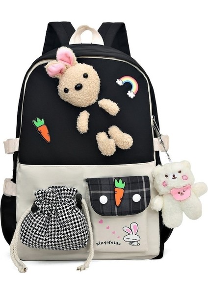 Yucama Karikatür Sevimli Büyük Kapasiteli Orta Okul Okul Çantası - Beyaz - Siyah (Yurt Dışından)