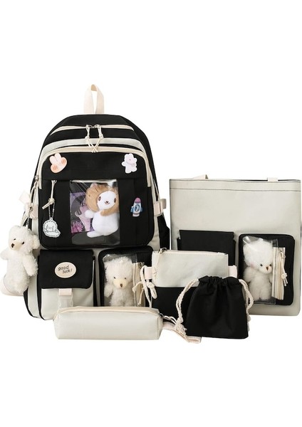 Heamor Kawaii Sırt Çantası 5 Adet Set Estetik Okul Çantaları 17IN Rozet ve Kolye Ile Sevimli Kitap Çantası, Omuz Çantası, Kalem Kutusu, Bez Çanta, Küçük Çanta - Purple (Yurt Dışından)