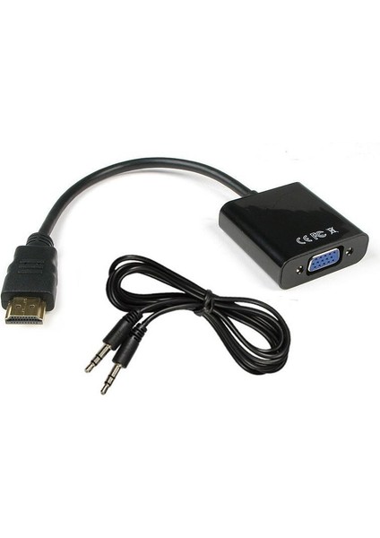 HDMI To VGA Çevirici Donma Takılma Yapmaz Dönüştürücü Kablo + Ses Kablosu Destekli