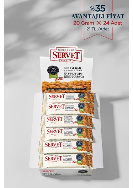 Bercekız Servet Şekerleme Şeker Ilavesiz Susam Krokan Bar 480 gr (24 x 20 gr) - 24 Lü Paket