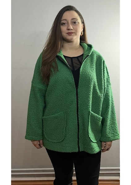 Kapüşonlu Buklet Büyük Beden Kısa Mont Yeşil