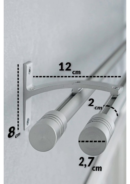 Kornişli Metal Rustik Mat Gri Venti 20MM Çift Raylı Perde Askısı, Rustik Borusu, Metal Korniş