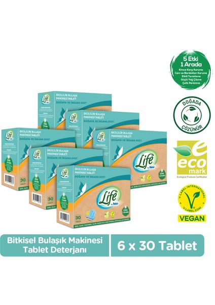 Life By Fakir Ekolojik Vegan Bulaşık Makinesi Deterjanı Tableti 30'lu x 6 Adet Avantaj Seti