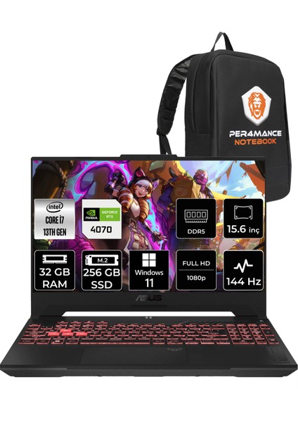 Tuf Gaming F15 Intel Core I7 13620H 32GB 256GB SSD RTX4070/8GB 144Hz 15.6'' Fhd W11H Taşınabilir Bilgisayar LP097 & Per4 Çanta LP097P356