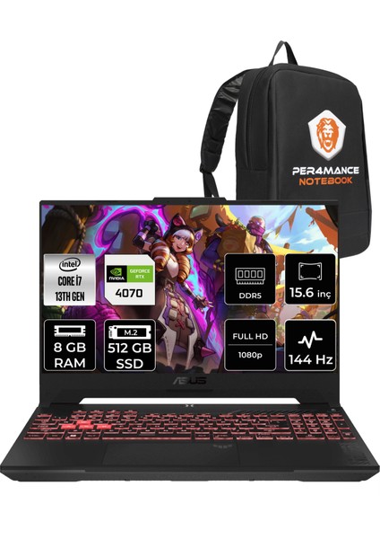 Tuf Gaming F15 Intel Core I7 13620H 8gb 512GB SSD RTX4070/8GB 144Hz 15.6'' Fhd Fdos Taşınabilir Bilgisayar LP097 & Per4 Çanta LP097P302