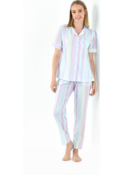 Çizgili Gömlek Yaka Kadın Pijama Takımı