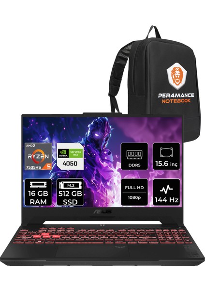 Tuf Gaming A15 Amd Ryzen 5 7535HS 16GB 512GB SSD 4050/6GB 140W 15.6'' Fhd Fdos Taşınabilir Bilgisayar LP158 & Per4 Çanta LP158P307