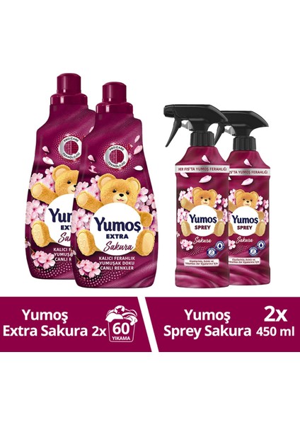 Sprey Sakura 450 ml x2 + Yumoş Extra Çamaşır Yumuşatıcı Sakura 1440 ml x2