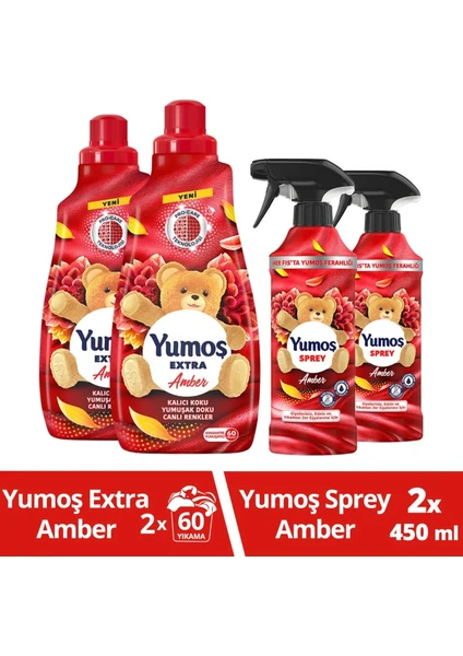 Giysi Spreyi Amber 450 ml x2 + Yumoş Extra Konsantre Çamaşır Yumuşatıcısı Amber 1440 ml x2