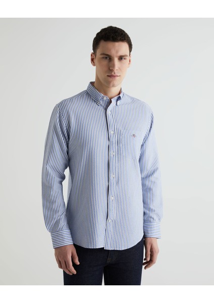 Erkek Mavi Regular Fit Klasik Yaka Çizgili Gömlek 3824157T.407