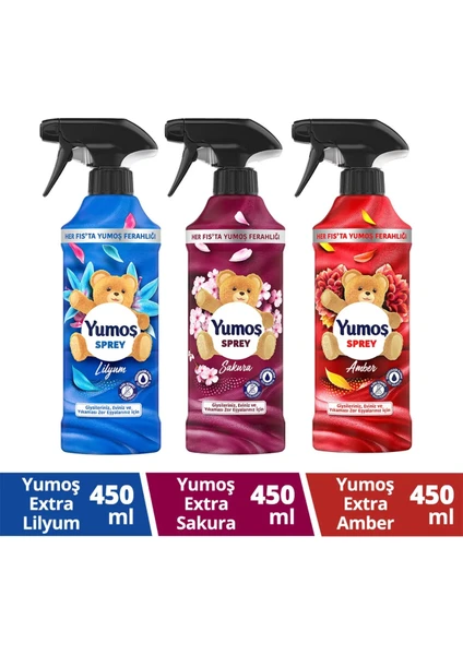 Sprey Sakura 450 ml x1 + Yumoş Sprey Amber 450 ml x1 + Yumoş Sprey Lilyum 450 ml x1