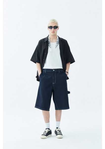 Dikiş Detaylı Bermuda Denim Şort-Mavi